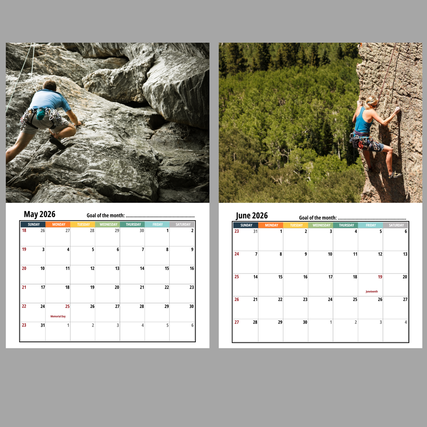 Rock Climbing Wall Calendar 2026