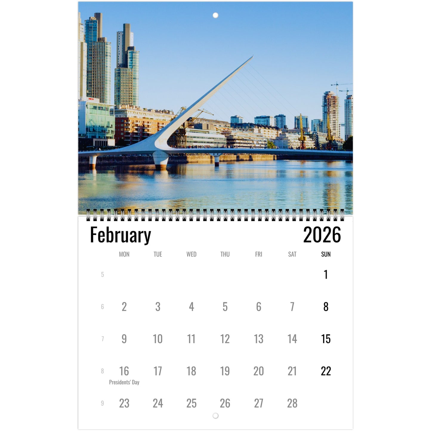 Calendar for February 2026 with a cityscape and bridge on the cover