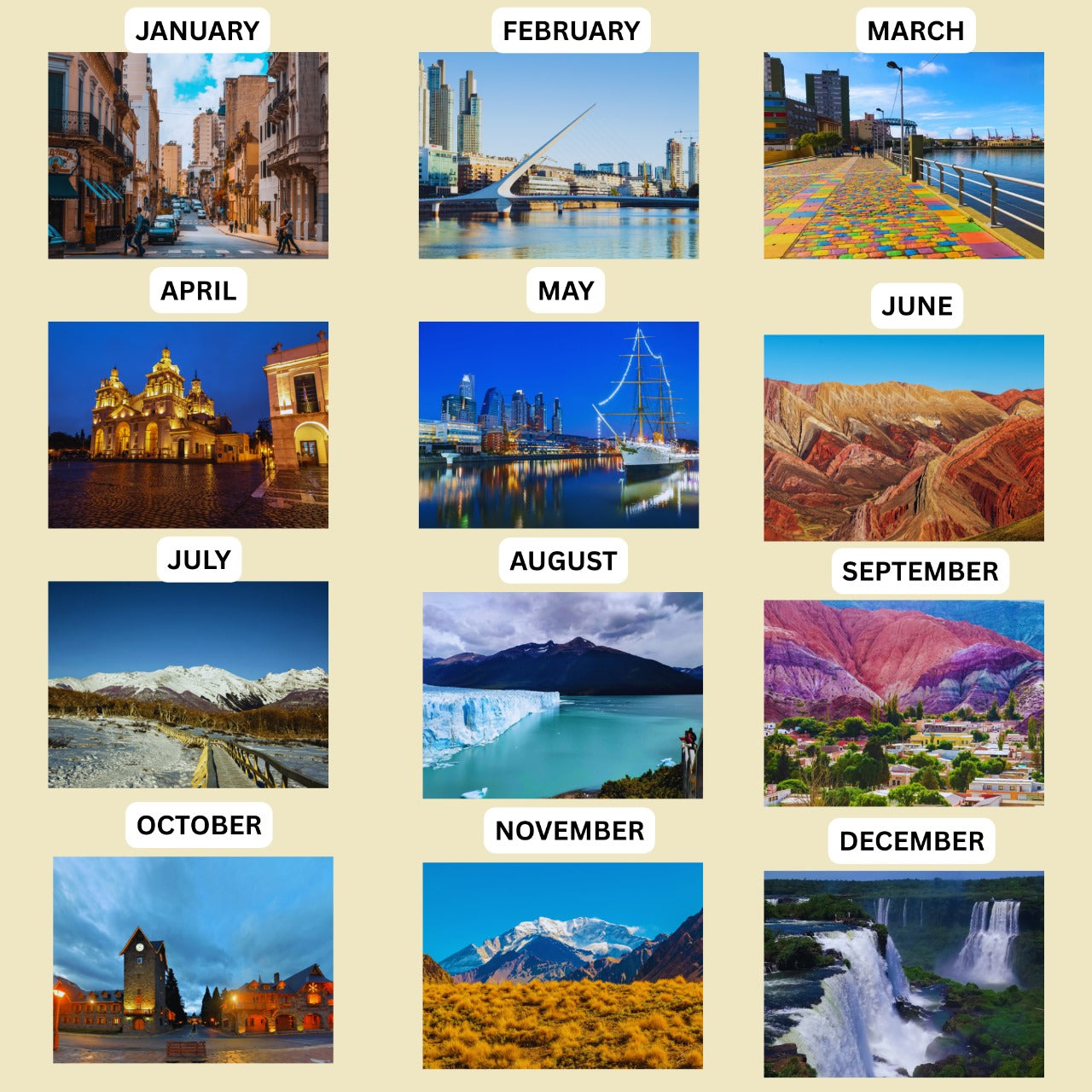Grid of twelve photos, one for each month of the year, showcasing various landscapes and scenes.