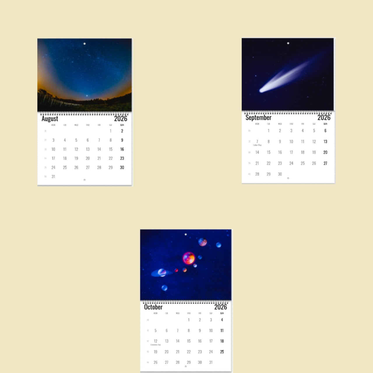 Three calendar pages showing celestial images on a beige background