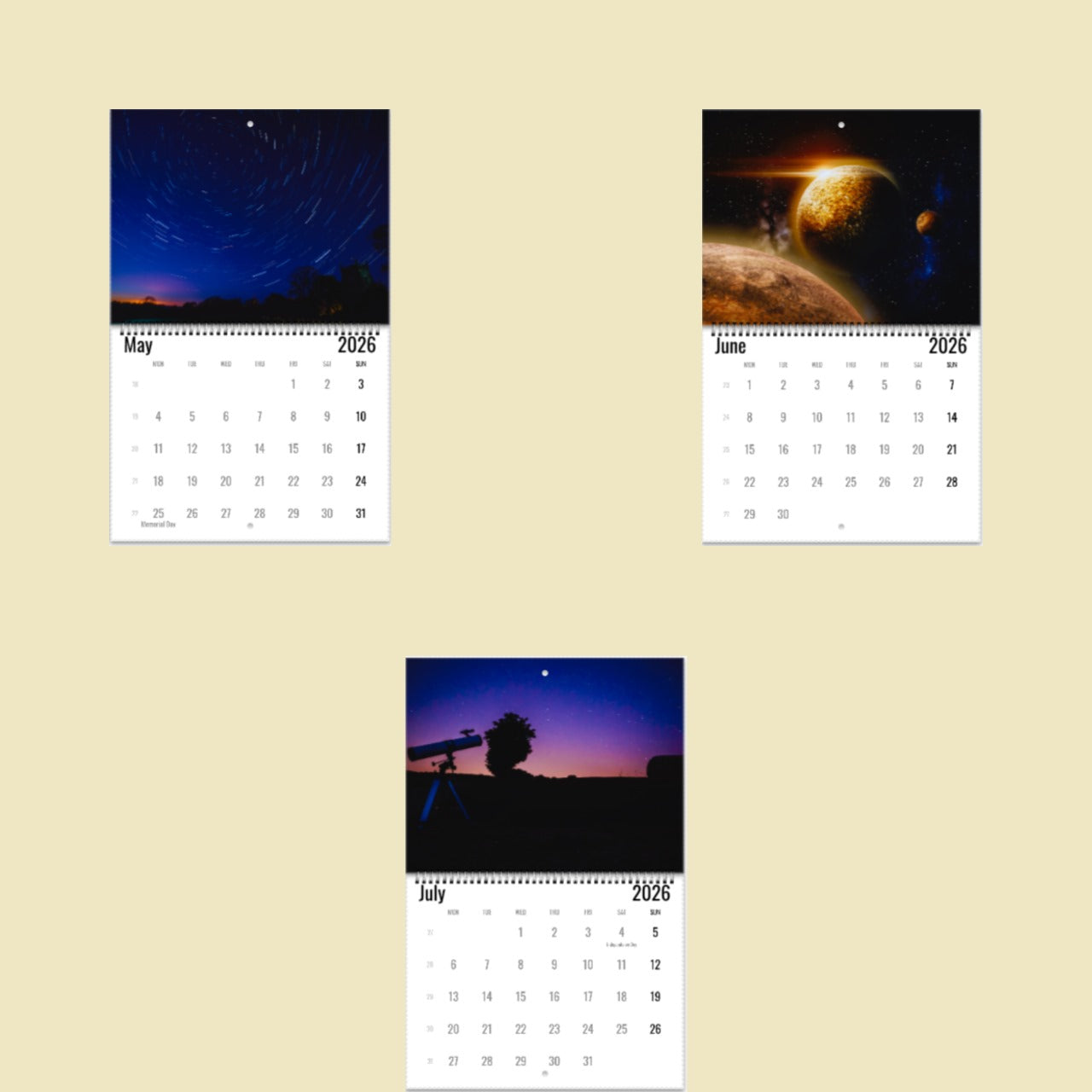 Three calendar pages showing space-themed images on a beige background