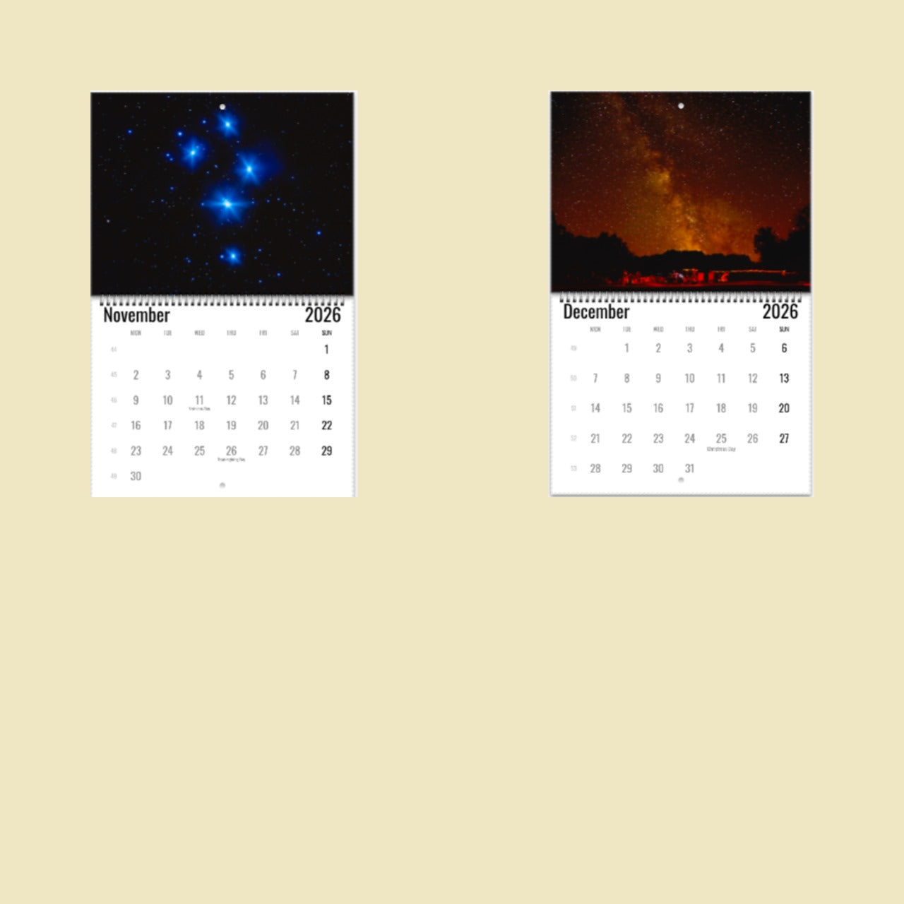 Two calendar pages for November and December 2026 showing starry night sky images.
