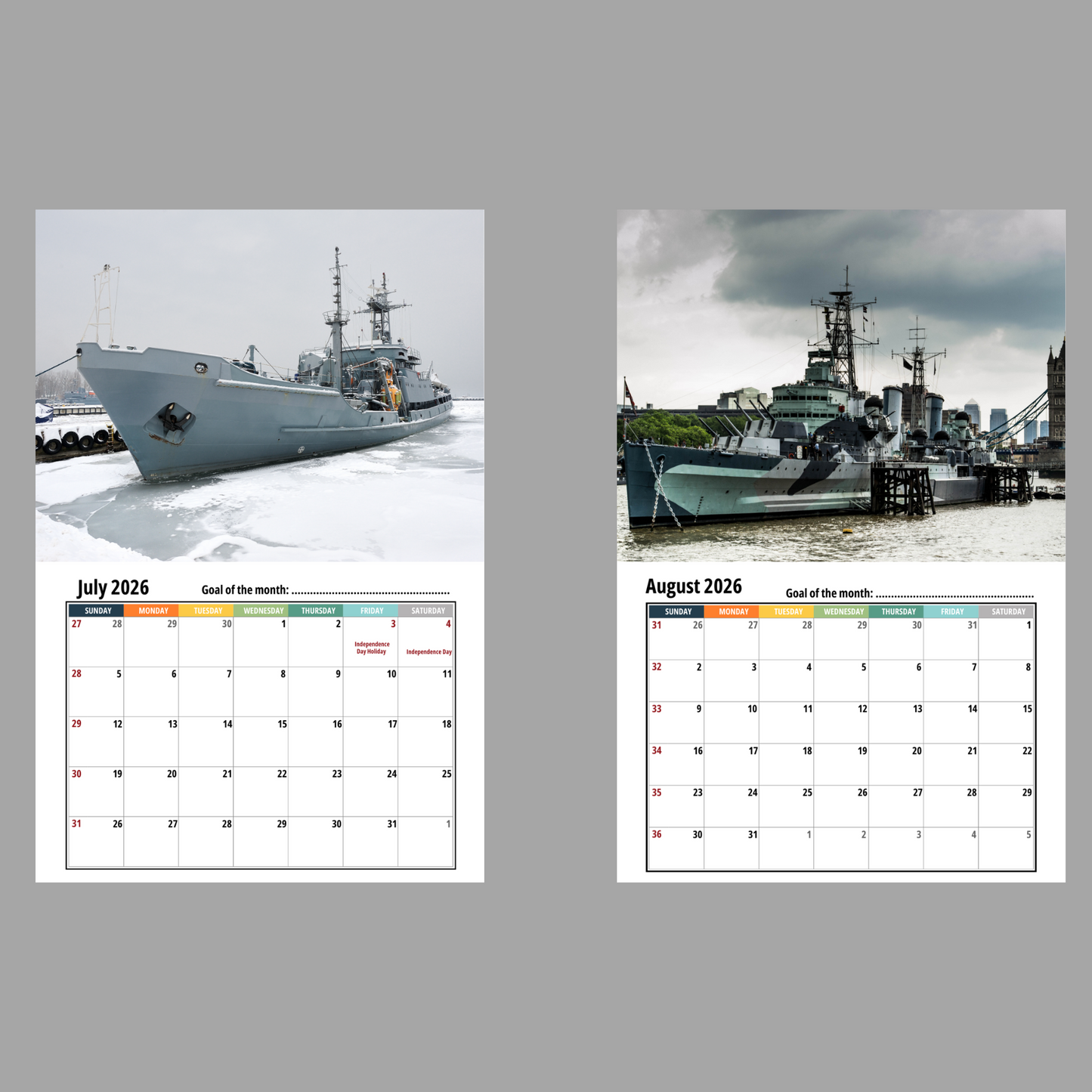Two pages of a calendar showing ships in different settings on a gray background