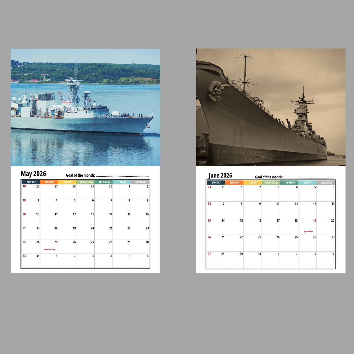 Two calendar pages showing ships and a gray background