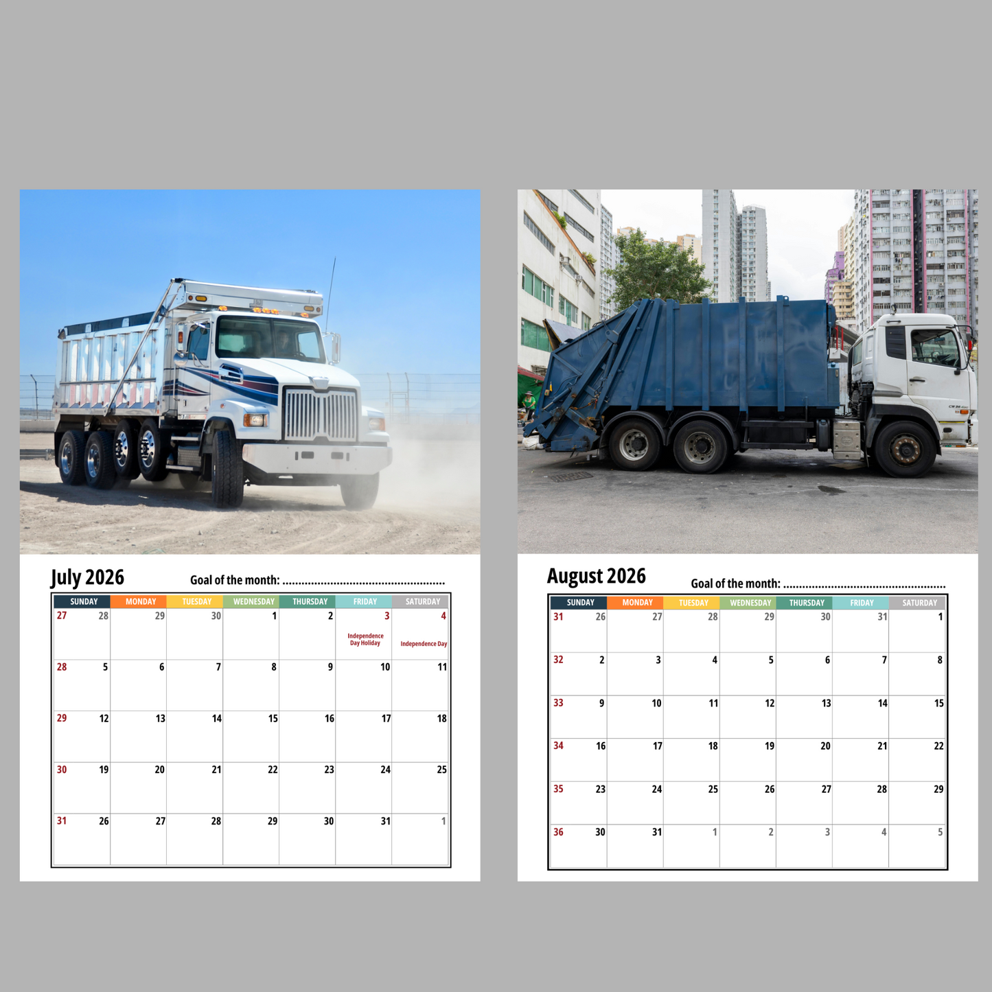 Dump Truck Wall Calendar 2026