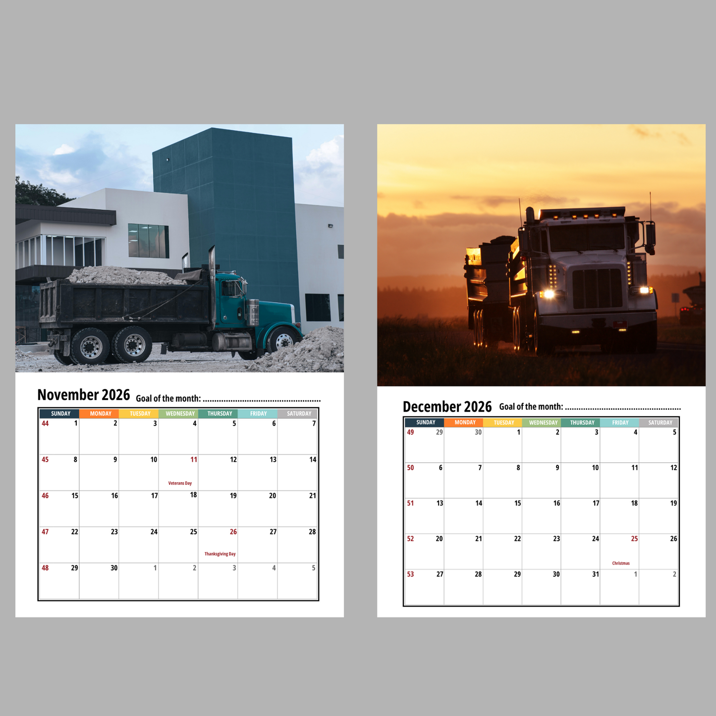 Dump Truck Wall Calendar 2026