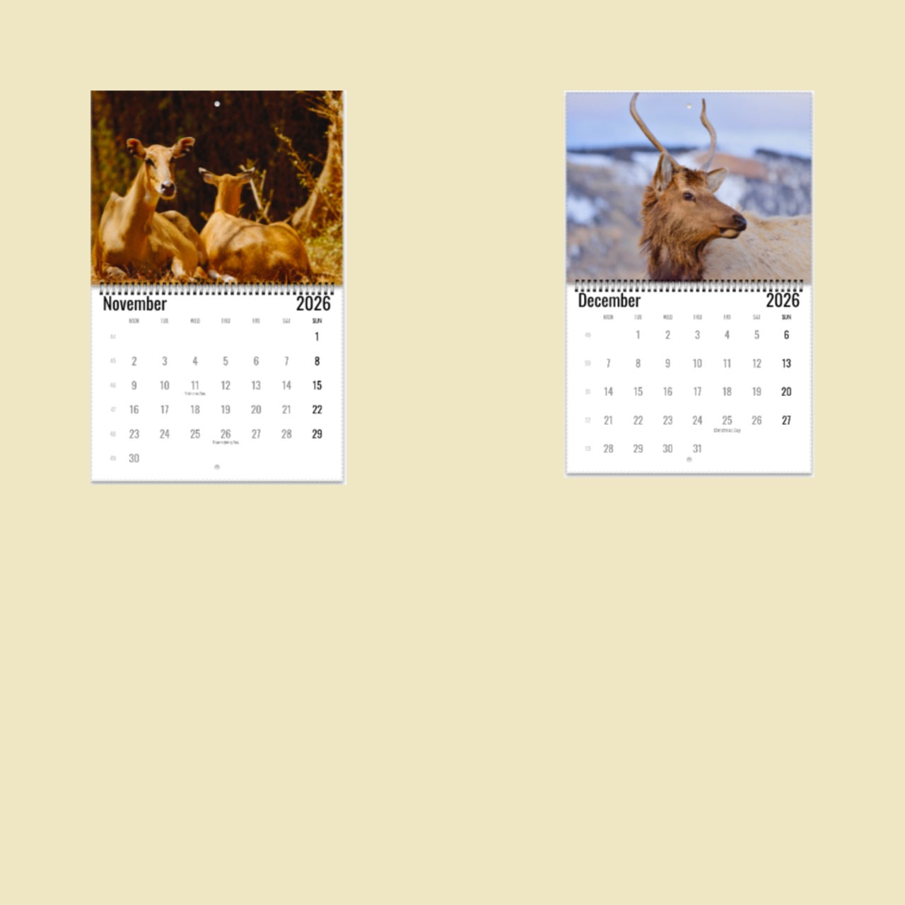 Two calendar pages for November and December 2026 with elk images on a beige background.