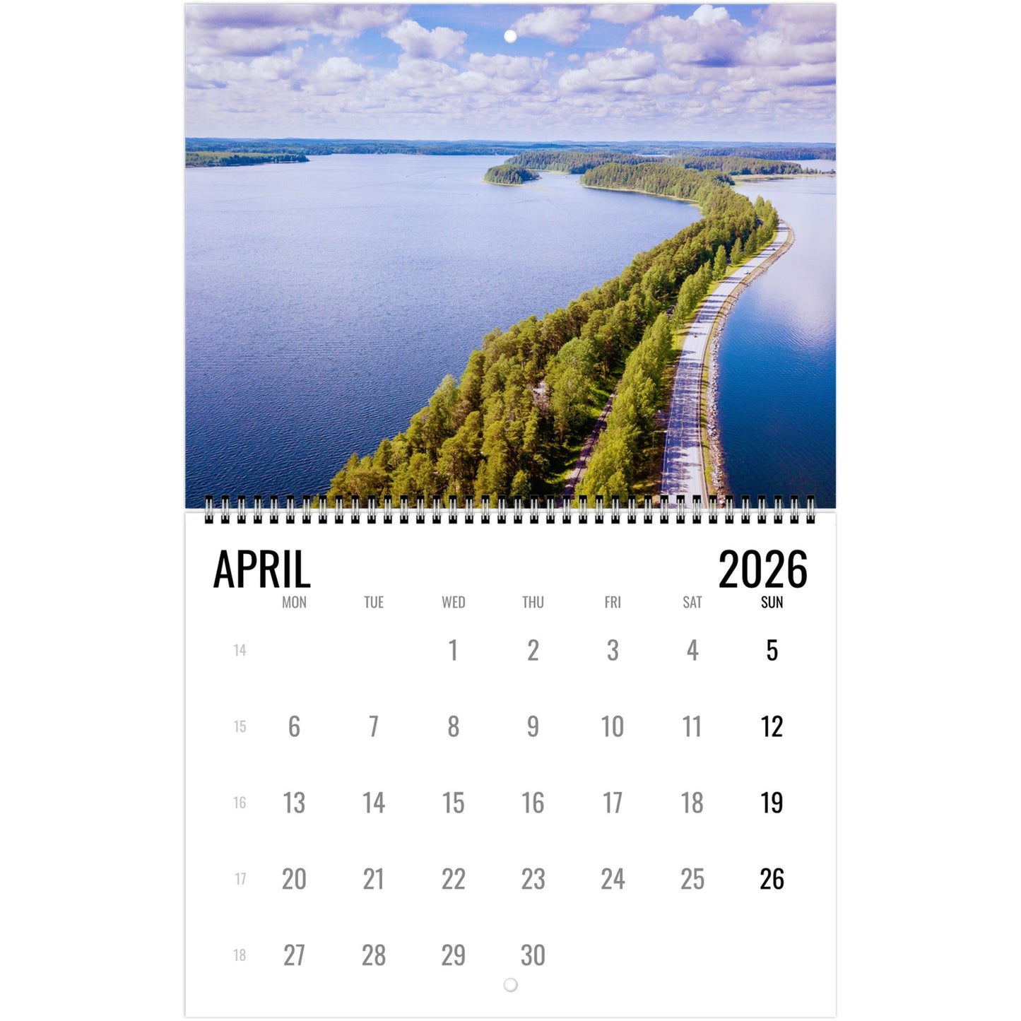 Calendar for April 2026 with a scenic lake and island cover