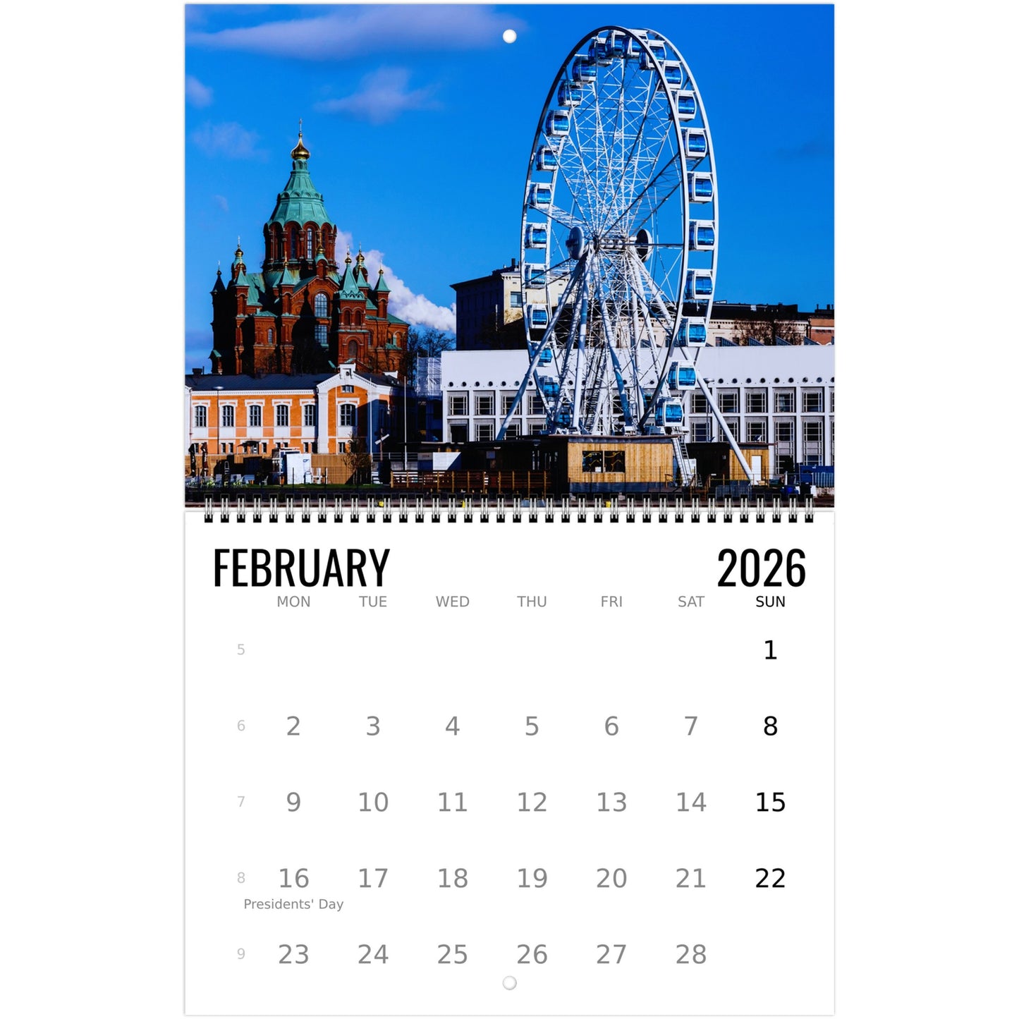 Calendar for February 2026 with a Ferris wheel and building in the background