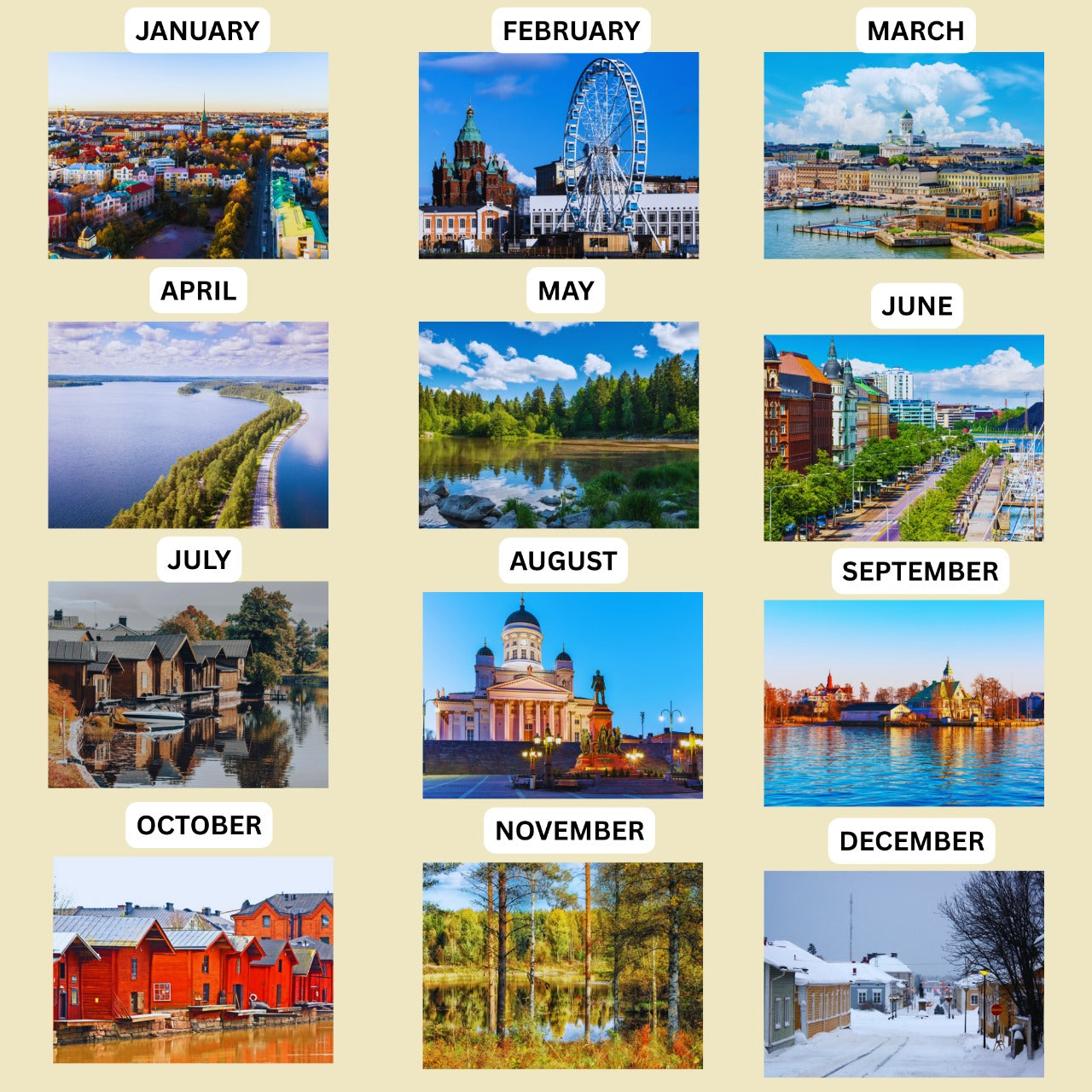 finland Calendar layout with scenic images for each month of the year.