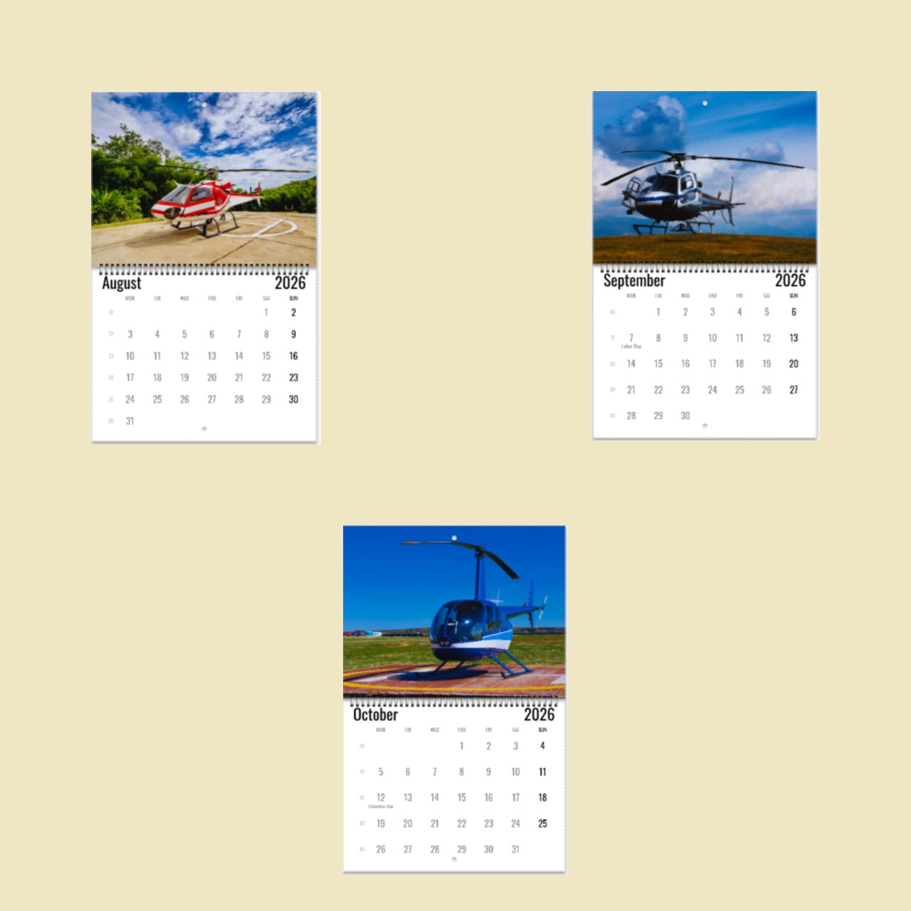 Three calendar pages showing helicopters on a beige background