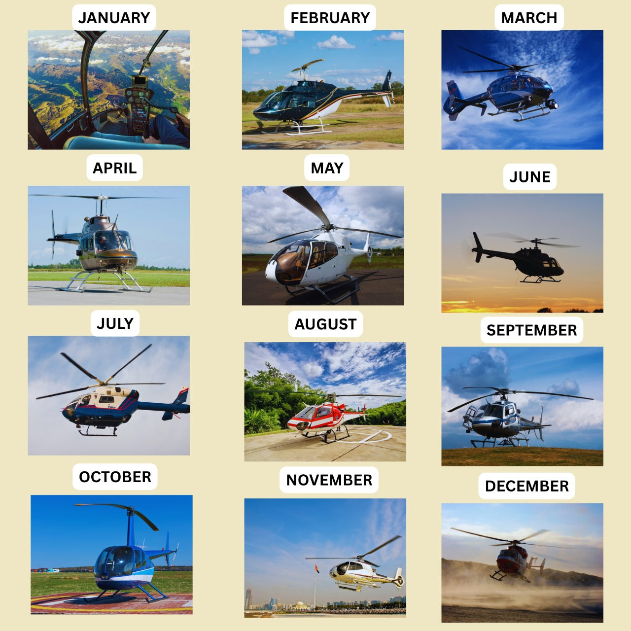 Helicopter images arranged by month on a beige background