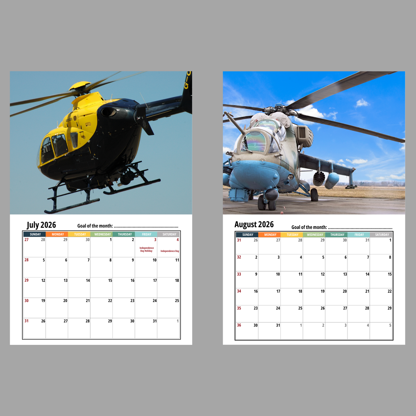 Helicopter Wall Calendar 2026