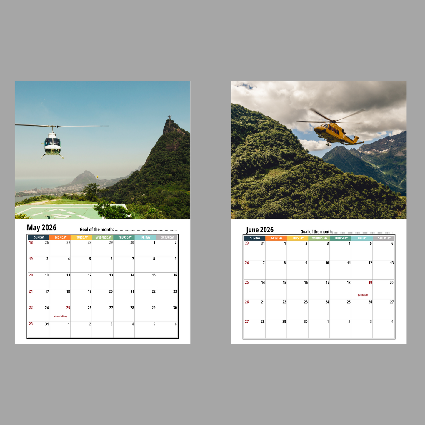 Two calendar pages showing helicopters over a mountainous landscape with scenic views.