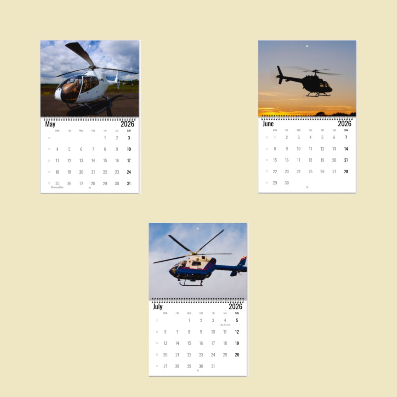 Three calendar pages showing helicopters on a beige background