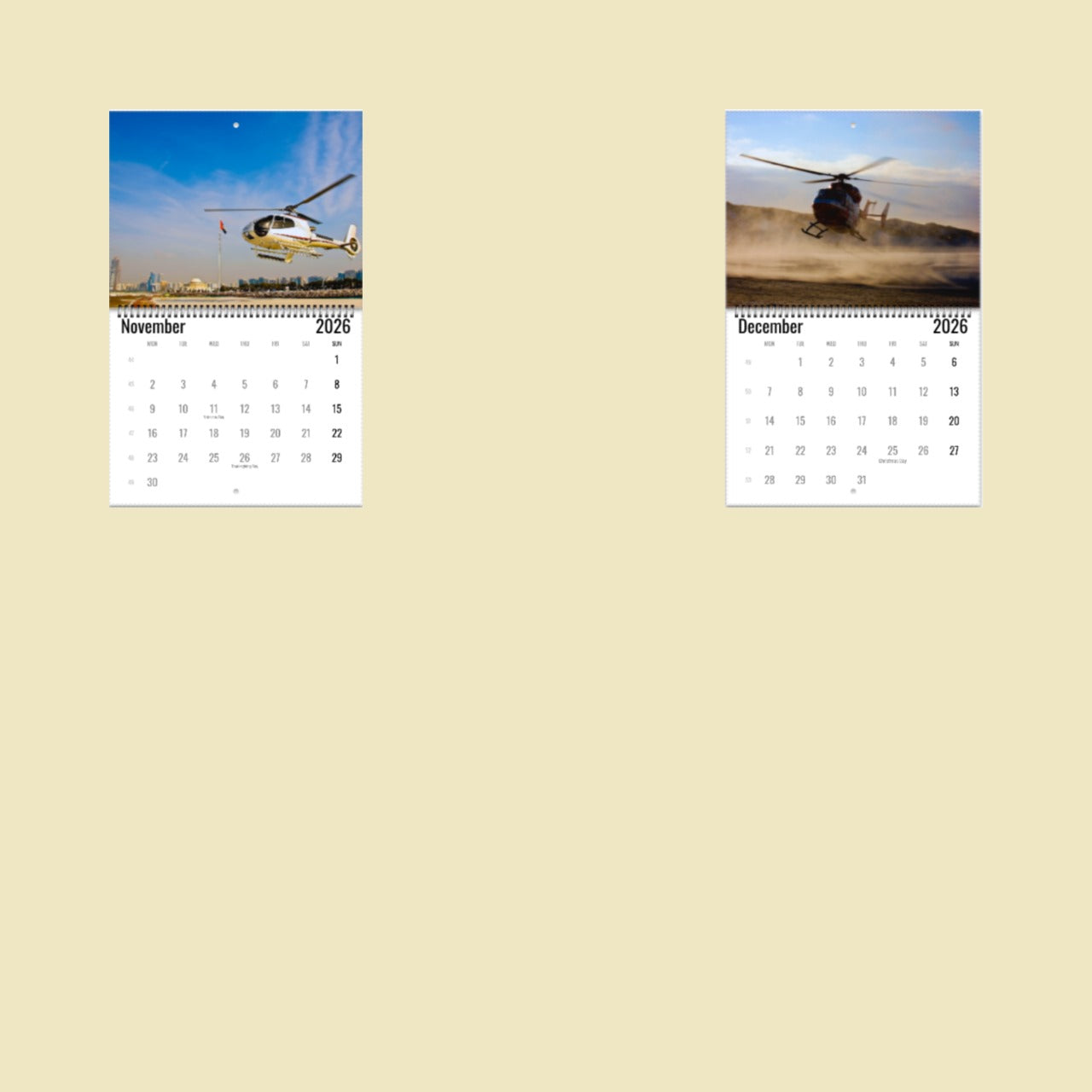 Calendar with images of helicopters for November and December on a beige background