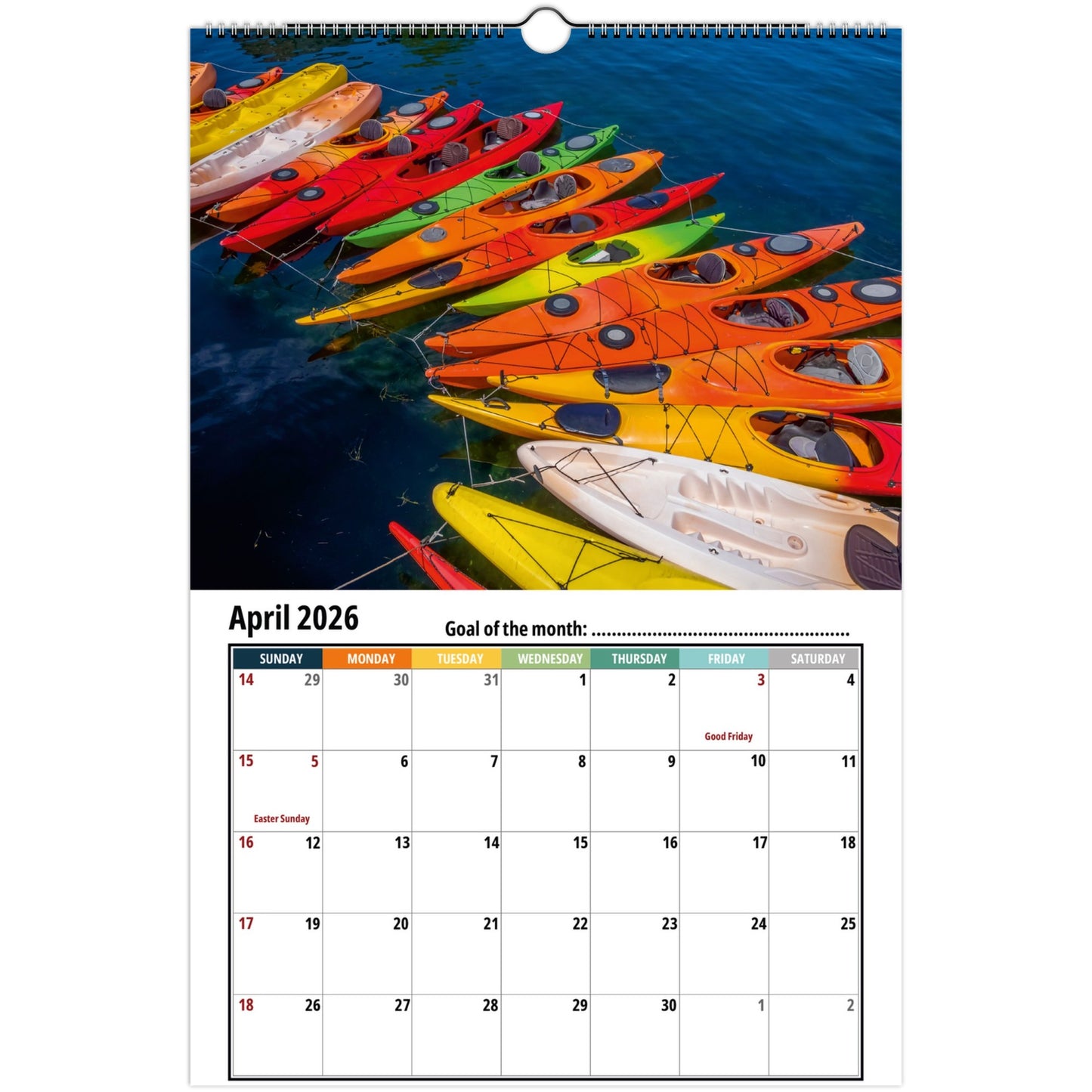 Calendar with colorful kayaks on a blue water background