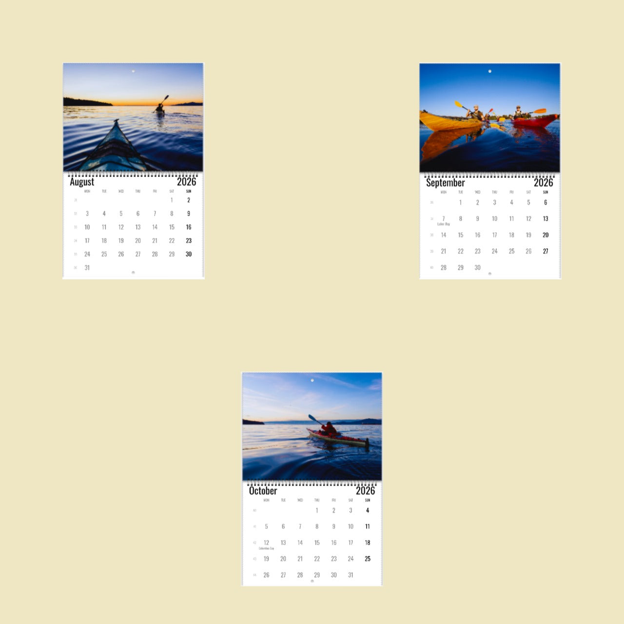 Three calendar pages showing kayaking scenes on a beige background