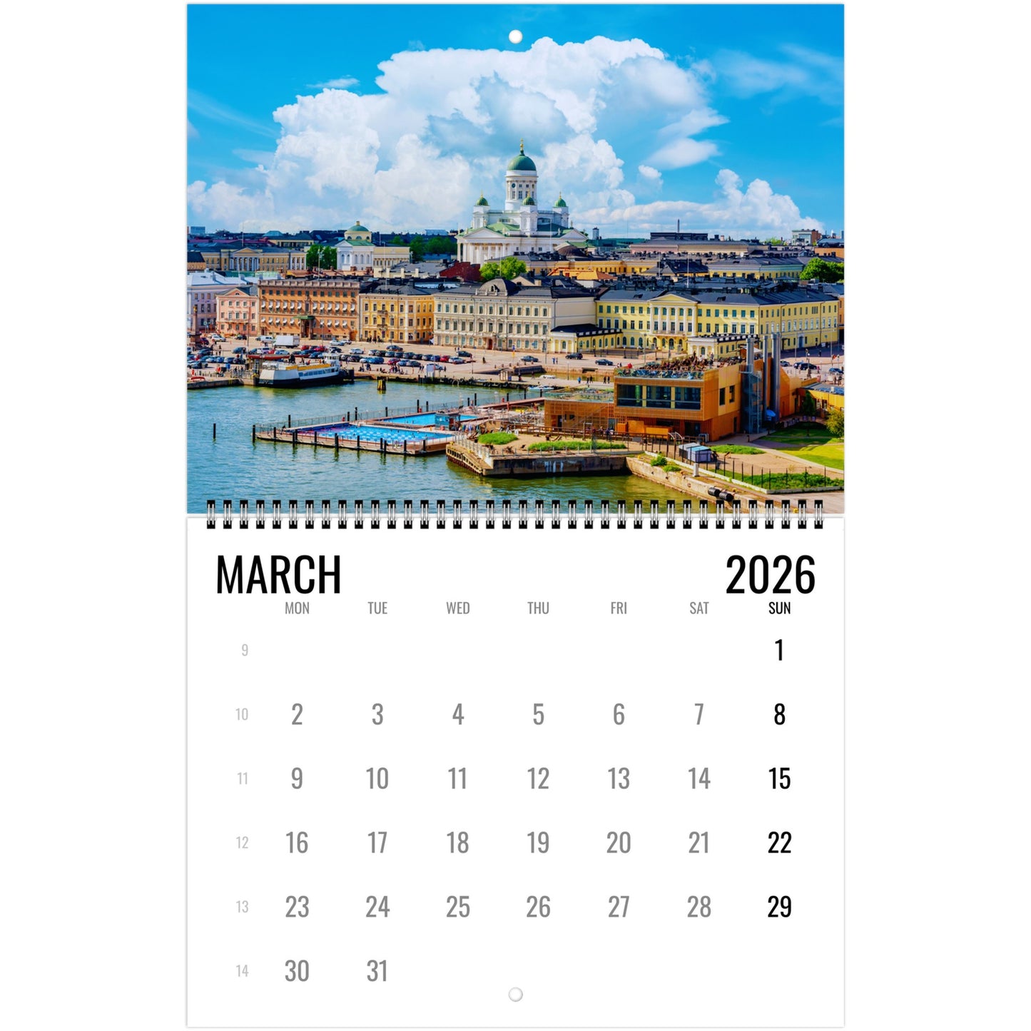 Calendar for March 2026 with a scenic cityscape on the cover