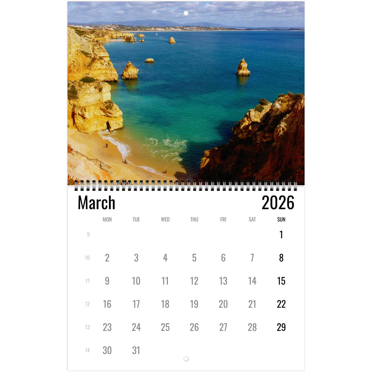 Calendar for March 2026 with a scenic ocean and cliffs cover