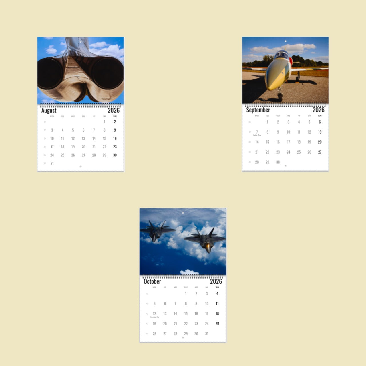 Three calendar pages showing different images of airplanes and sunglasses on a beige background.