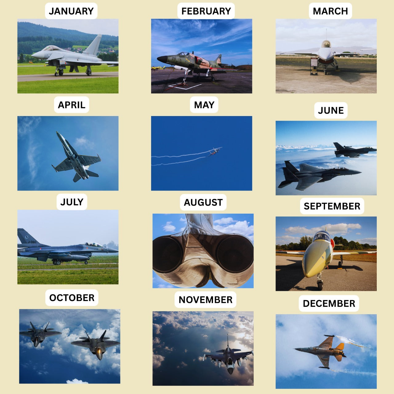 Monthly calendar with fighter jets in various poses and settings.