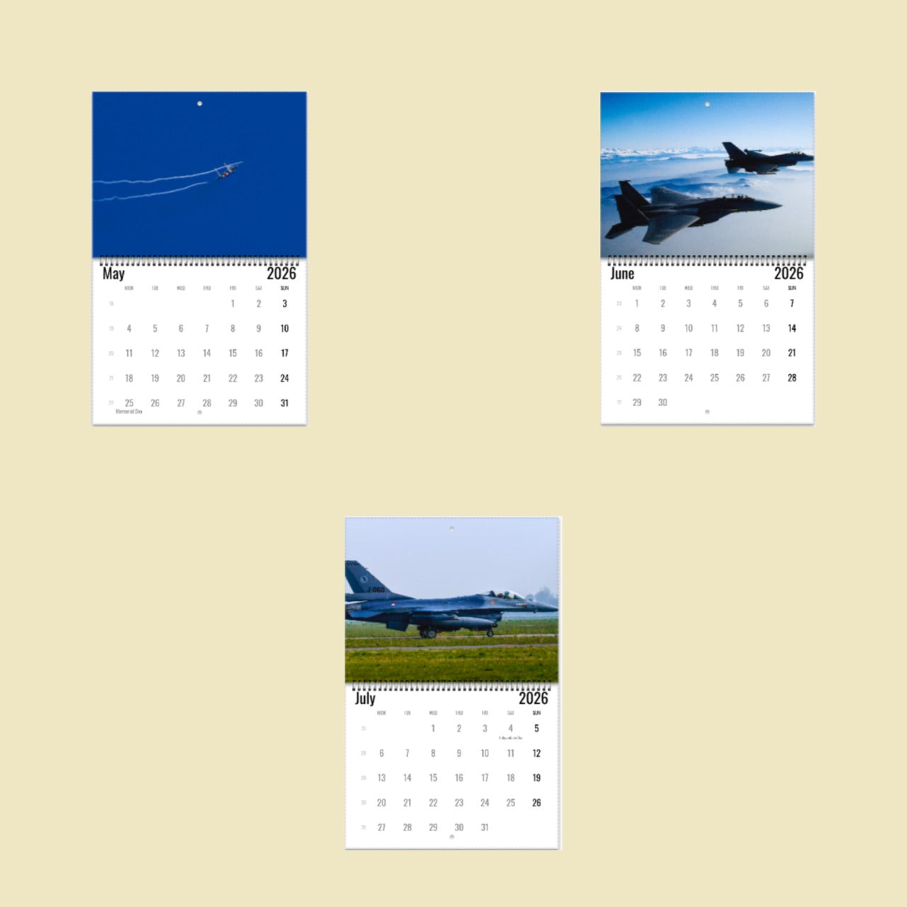 Three calendar pages showing airplanes on a beige background