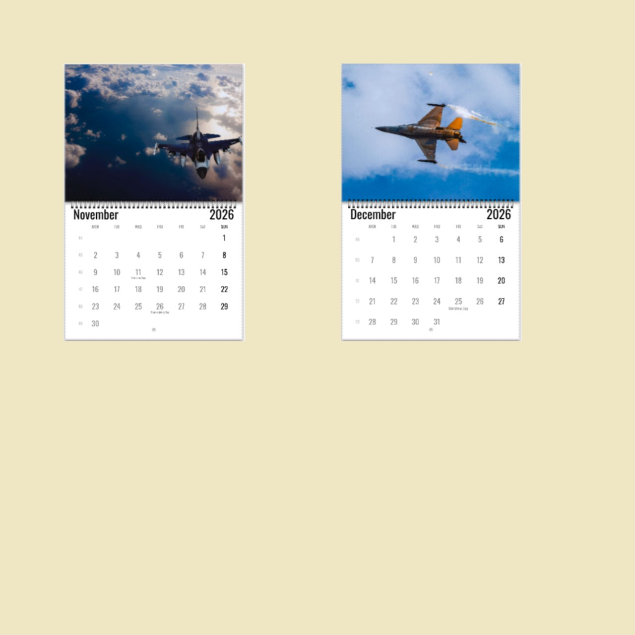 Two calendar pages showing airplanes flying against a blue sky with clouds on a beige background.