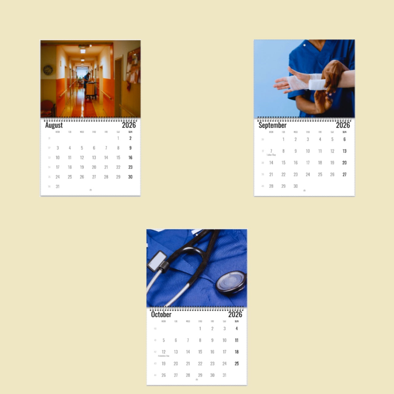 Three calendar pages showing different images of a hospital setting with medical staff and equipment.
