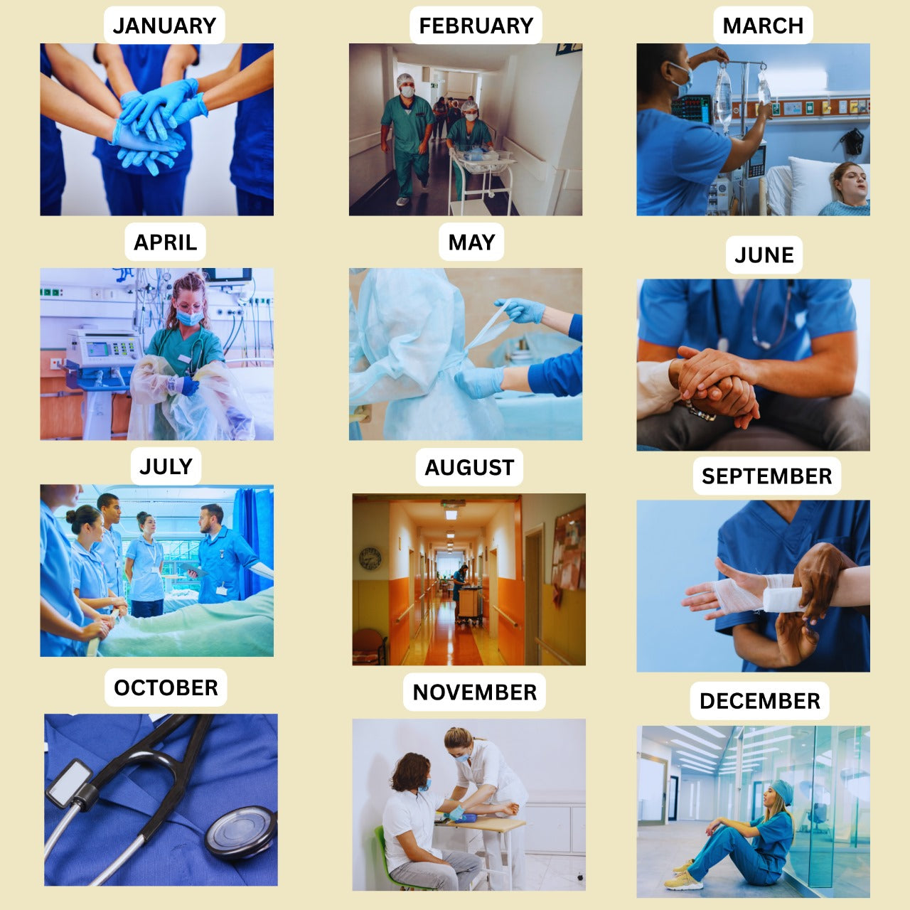 Calendar layout with healthcare-themed images for each month
