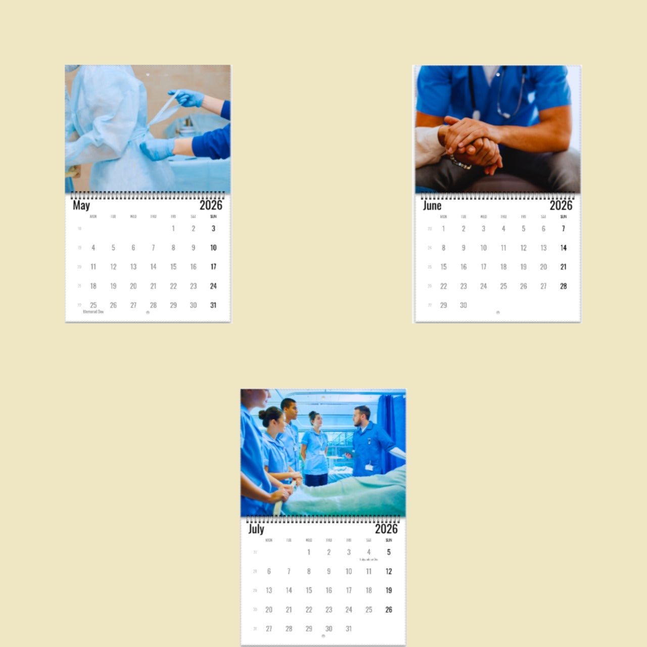 Three calendar pages showing medical professionals on a beige background