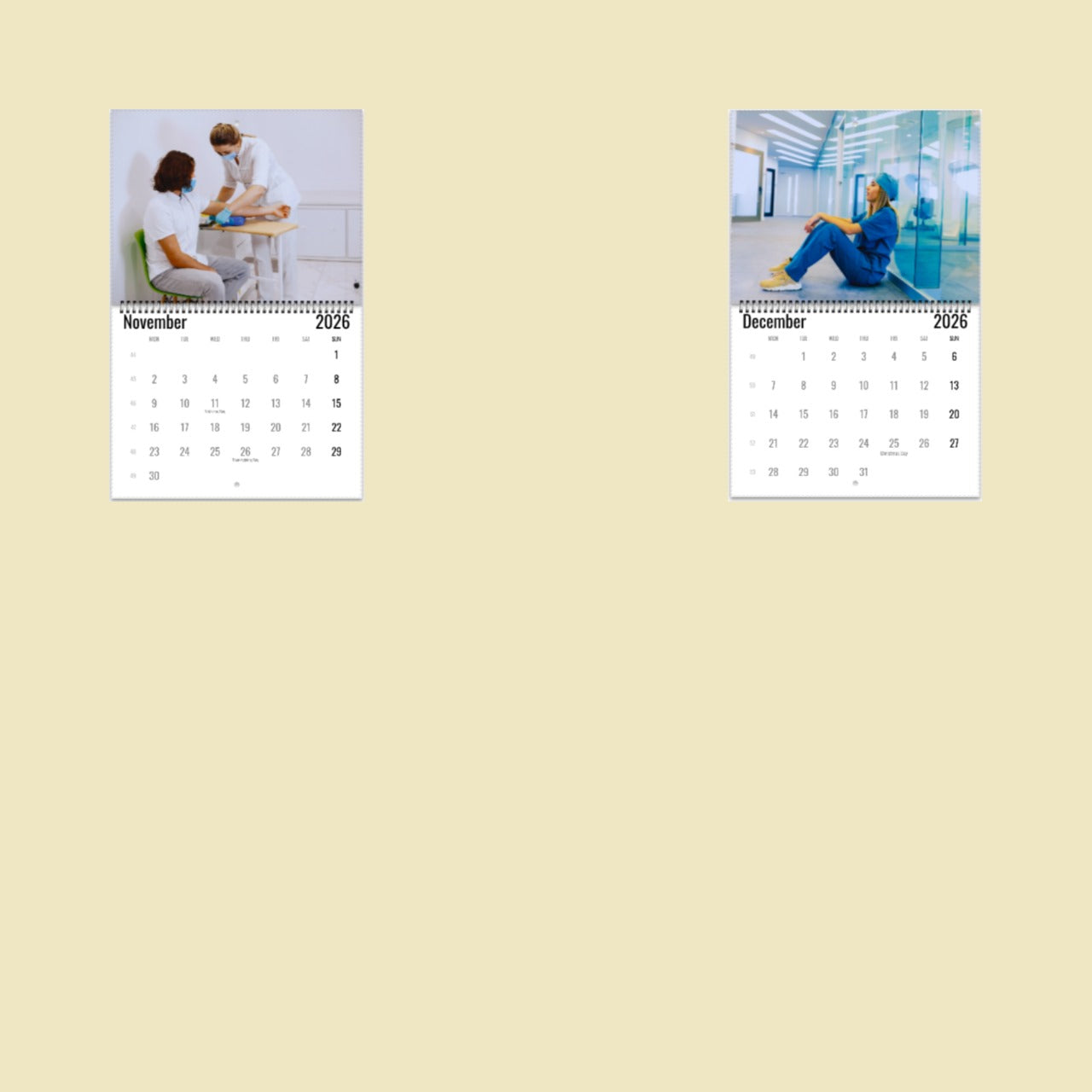 Two calendar pages showing a doctor with a patient and a person sitting on a couch.