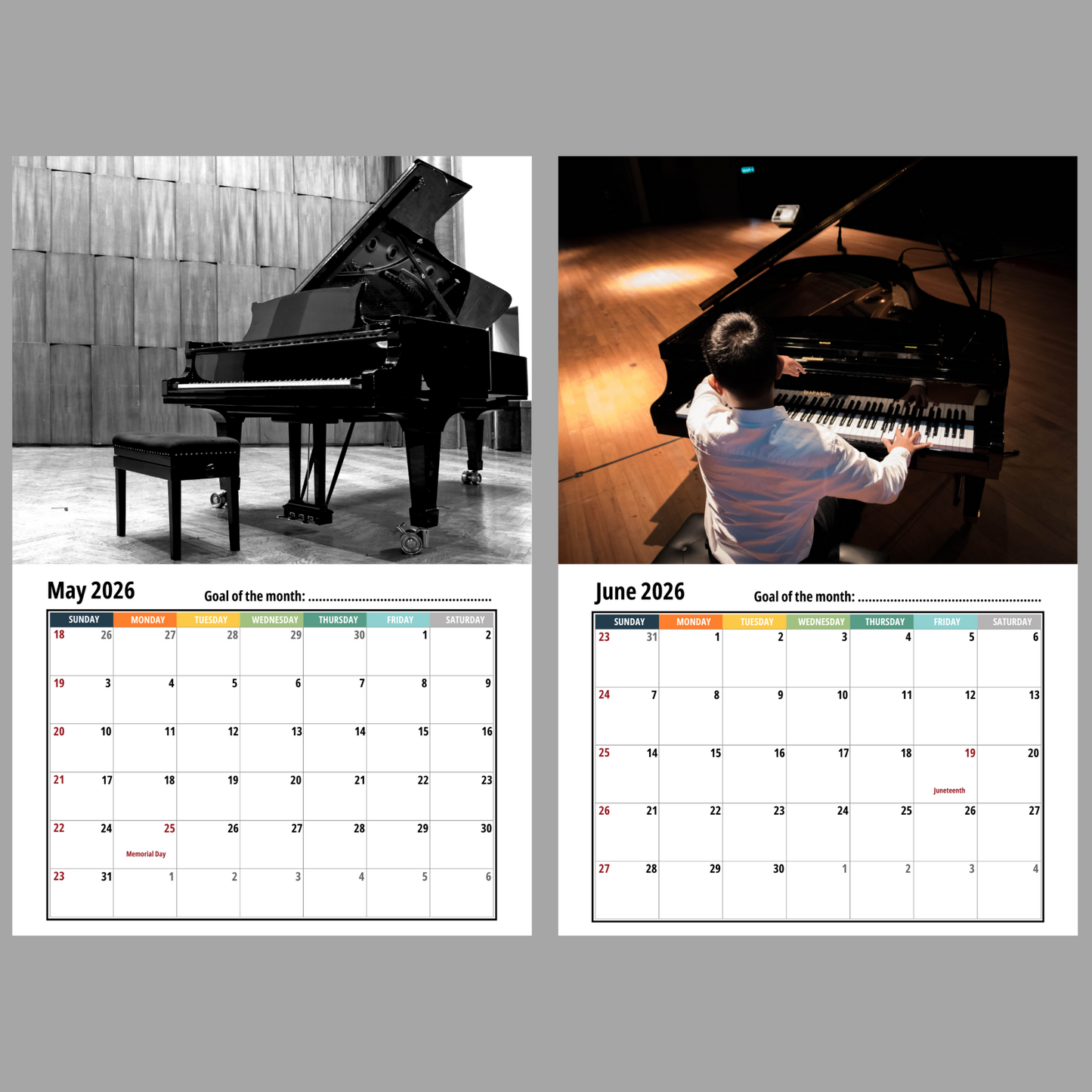 Calendar with images of a grand piano and a person playing it, set against a gray background.