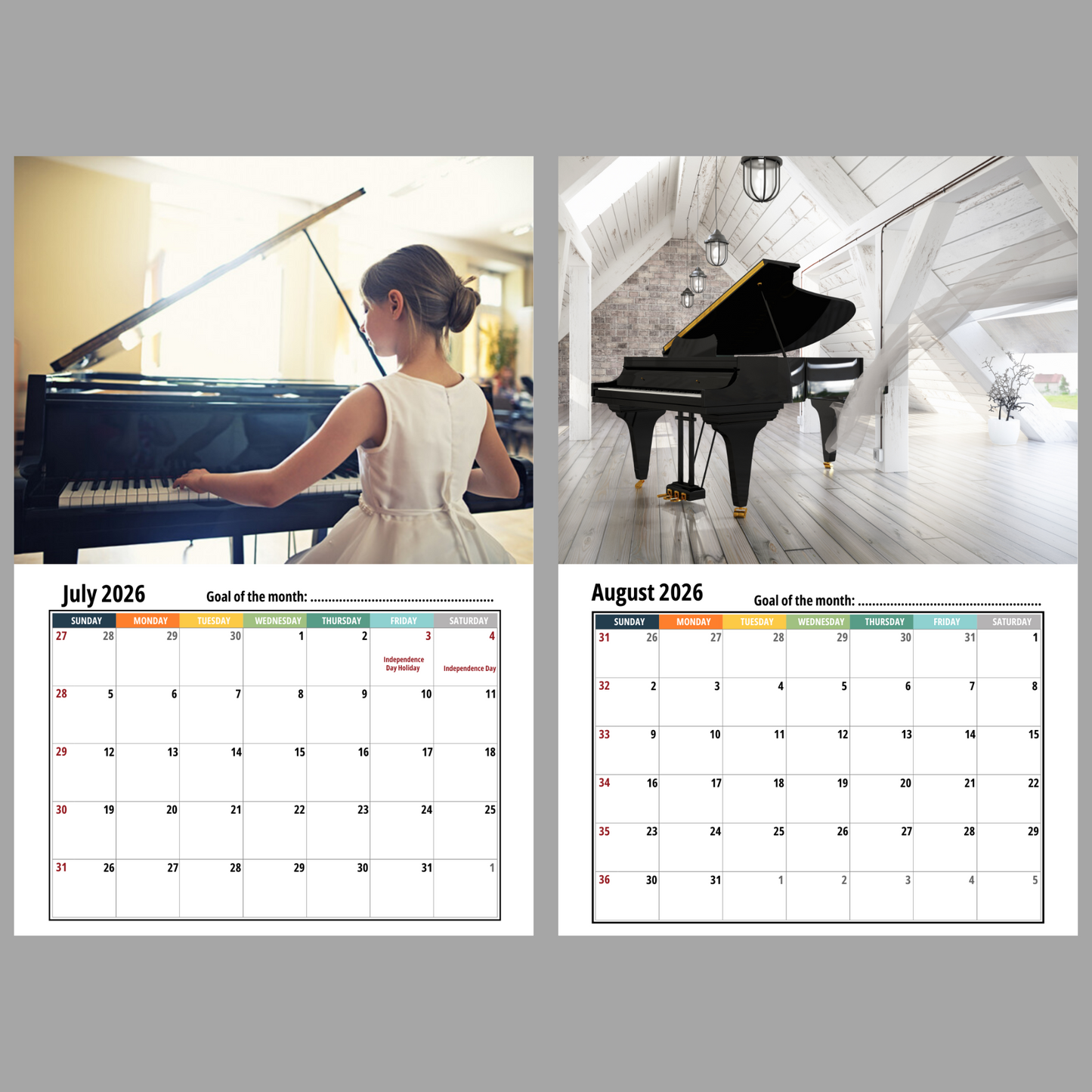 Calendar with images of a woman playing a piano and a grand piano, with calendar pages for July and August 2026.
