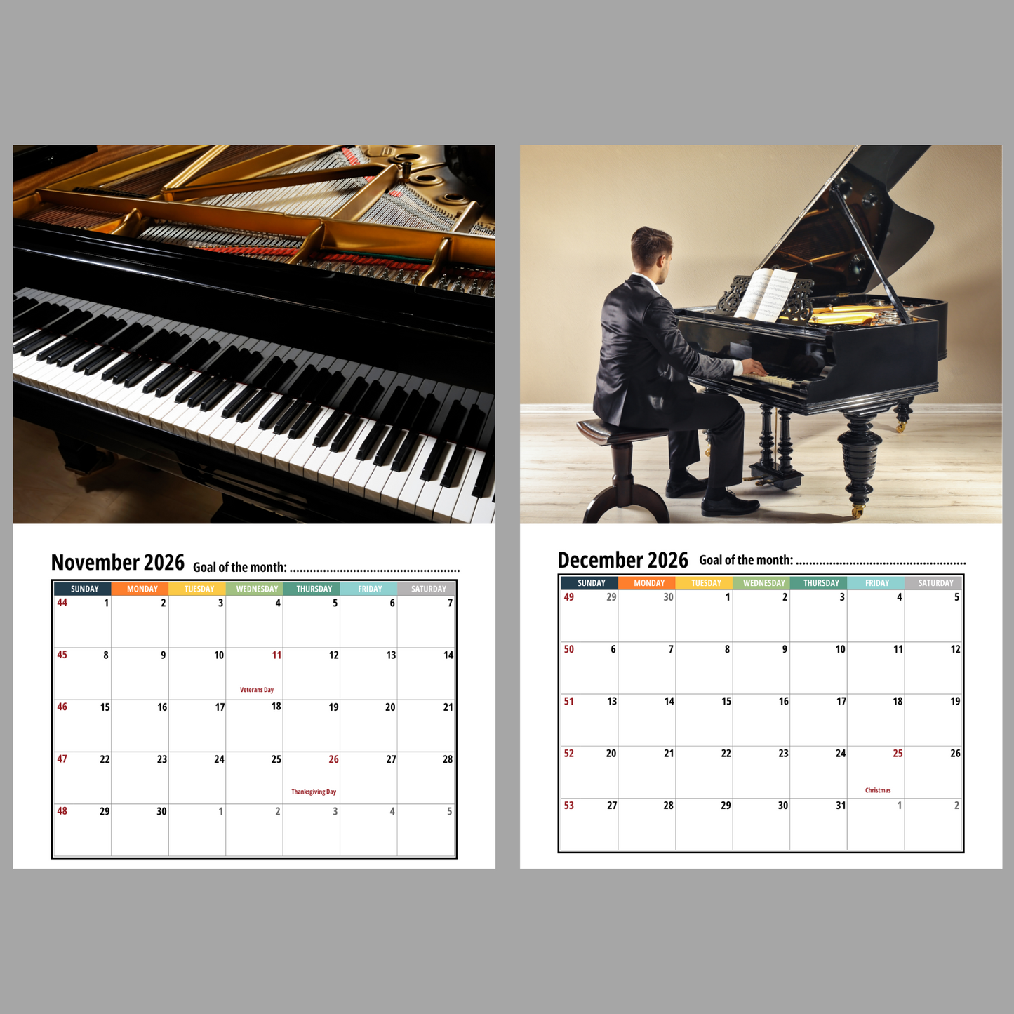 Calendar with piano images and music notes, featuring a close-up of piano keys and a person playing a grand piano.