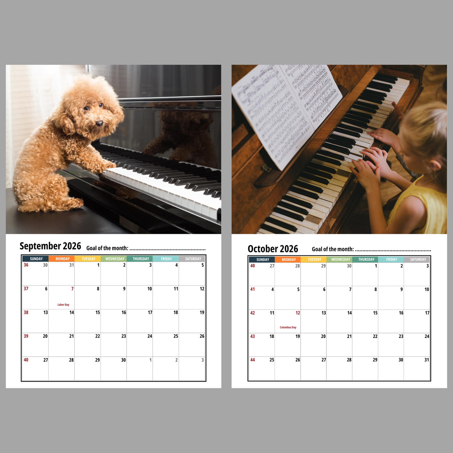 Calendar with images of a dog and child playing piano, along with calendar pages for September and October 2026.