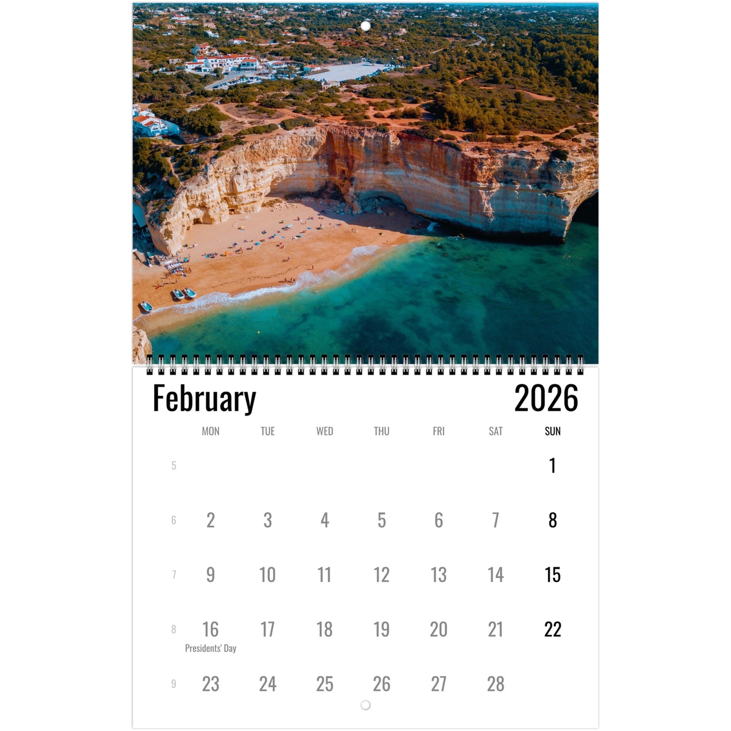 Calendar for February 2026 with a scenic beach and cliffs cover