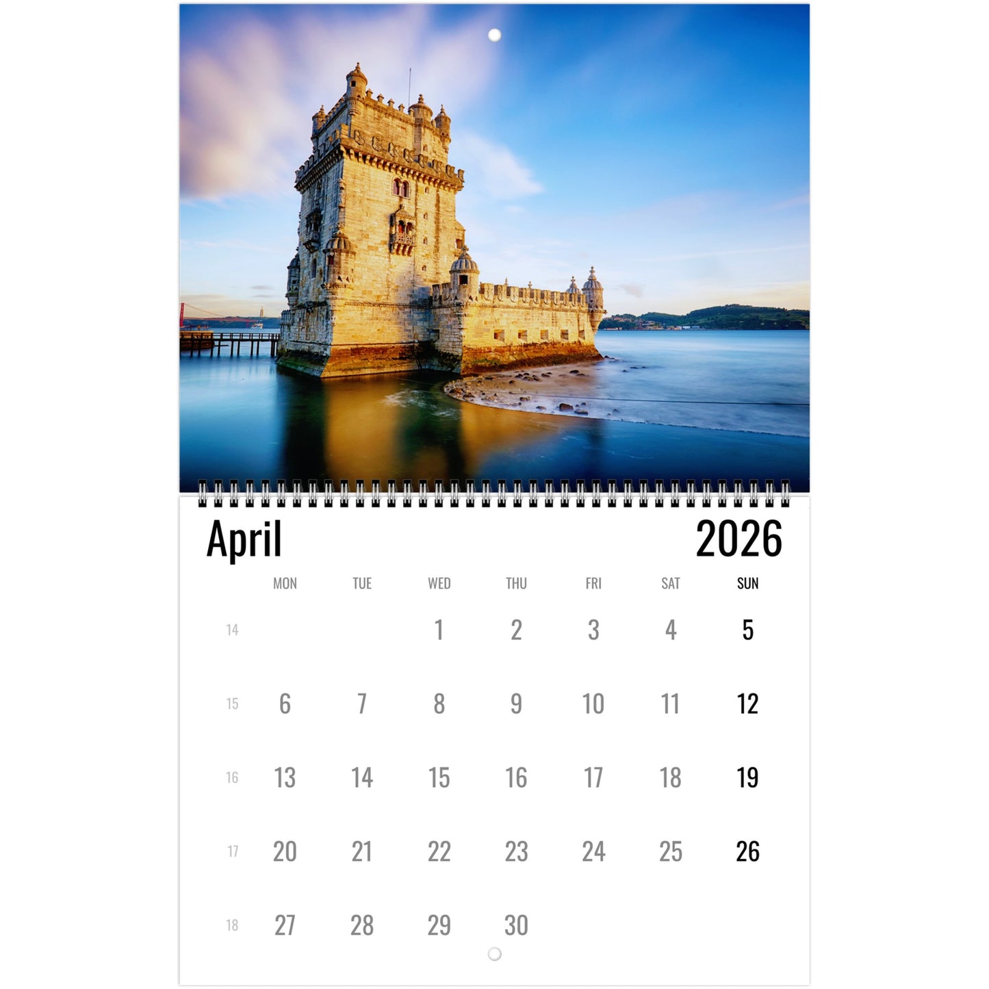 Calendar for April 2026 with a castle by the water on the cover
