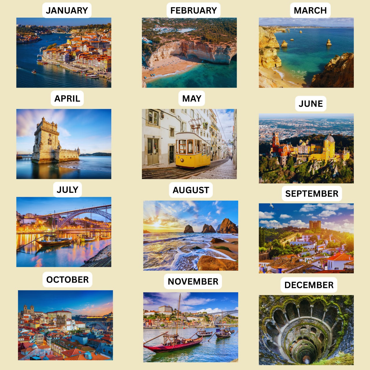 Calendar with scenic images for each month of the year on a beige background.