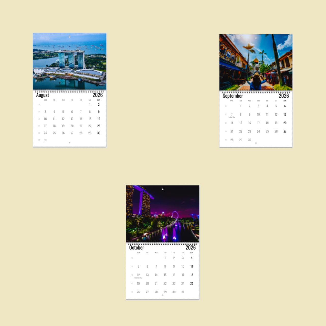Three calendar pages showing different scenic images on a beige background