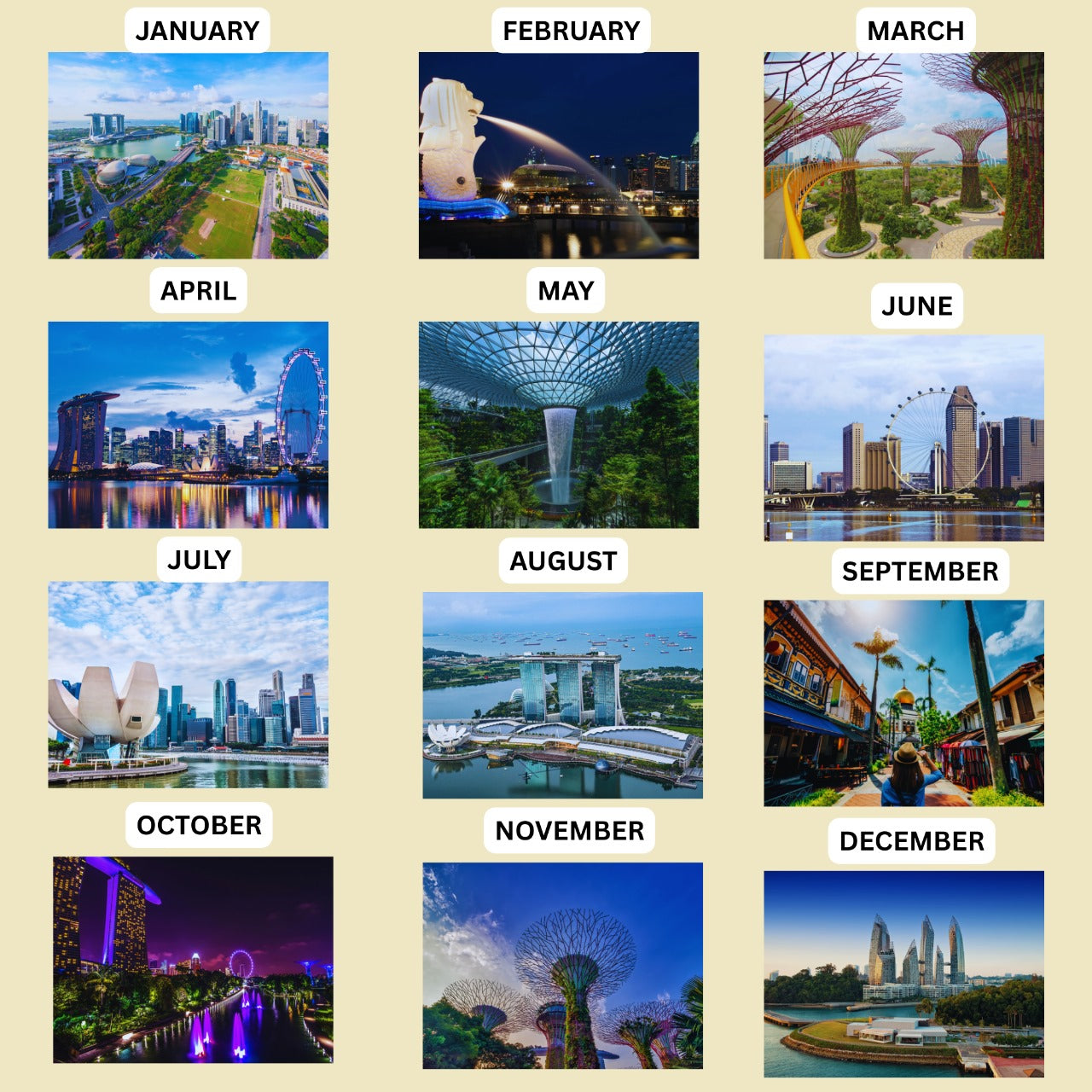 Monthly scenic views of Singapore with labels from January to December on a beige background.