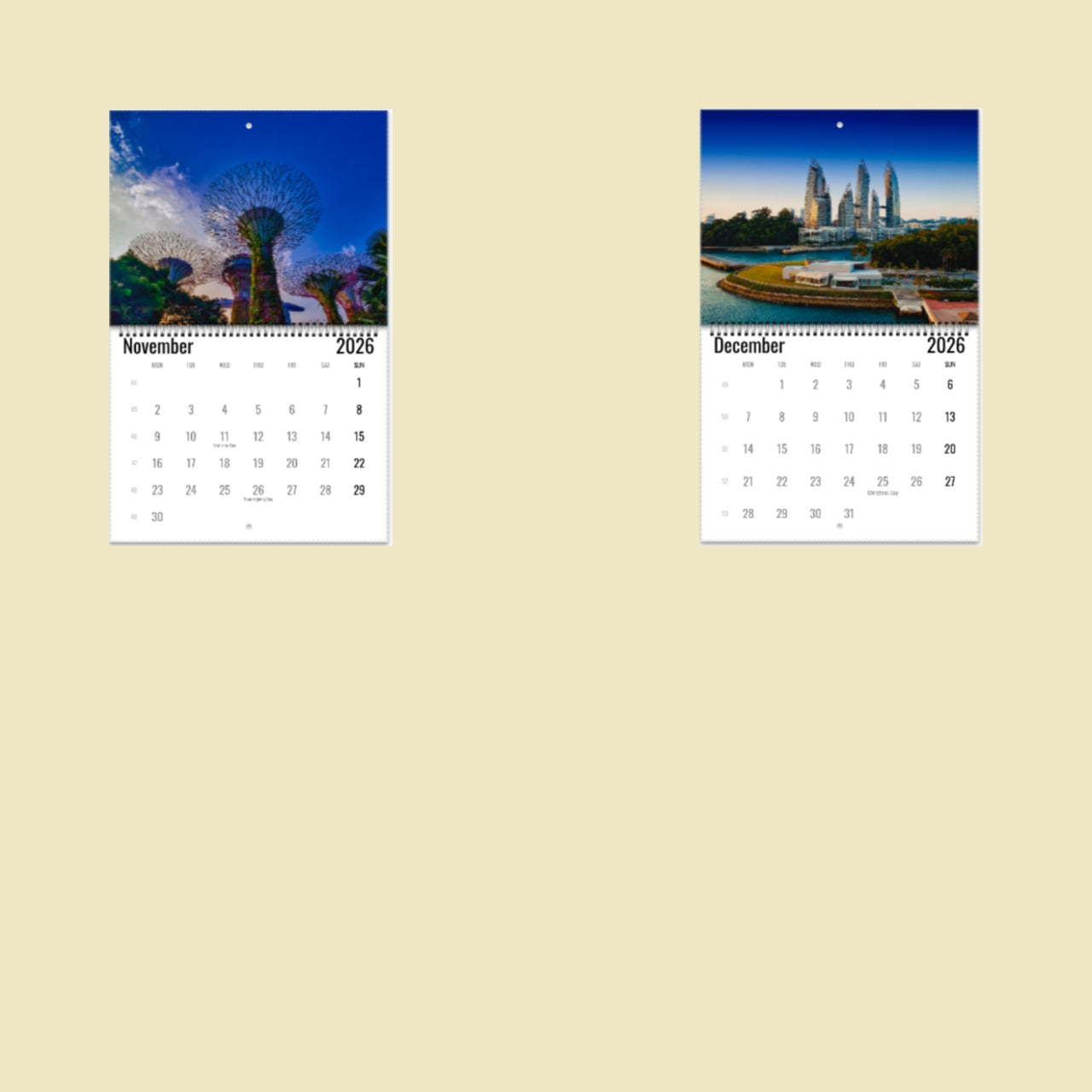 Two calendar pages for November and December 2026 on a beige background