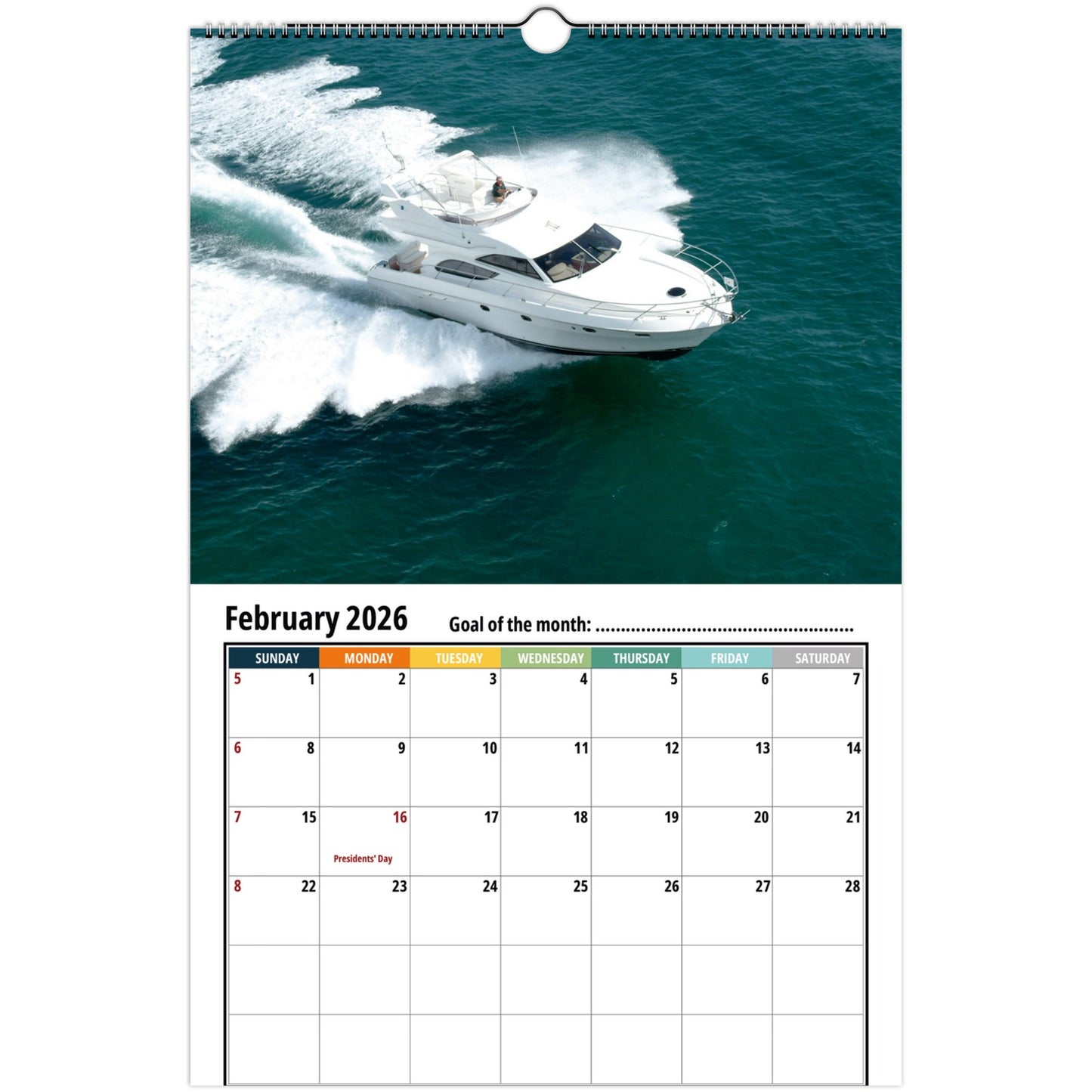 Calendar for February 2026 with a boat on water, featuring a white background.
