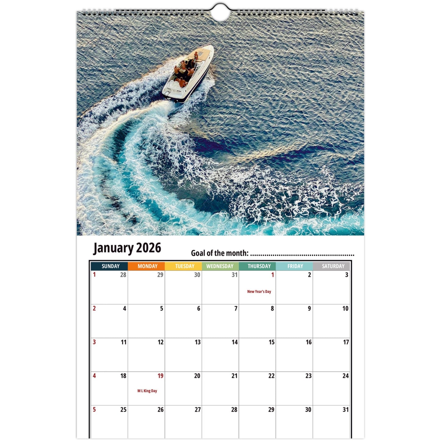 Calendar for January 2026 with a boat on water, featuring a January 2026 calendar layout.