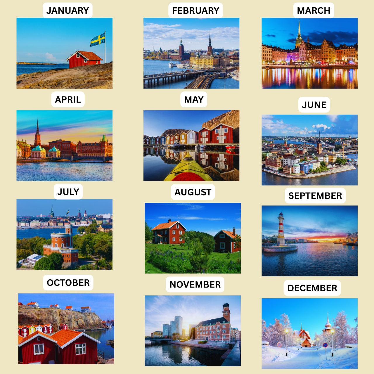 Calendar layout with scenic images for each month of the year.