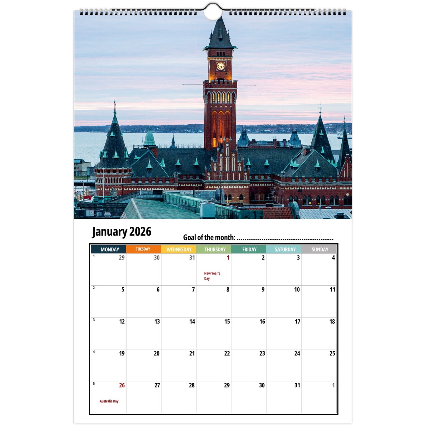 Calendar with a scenic view of a clock tower and cityscape, featuring January 2026.