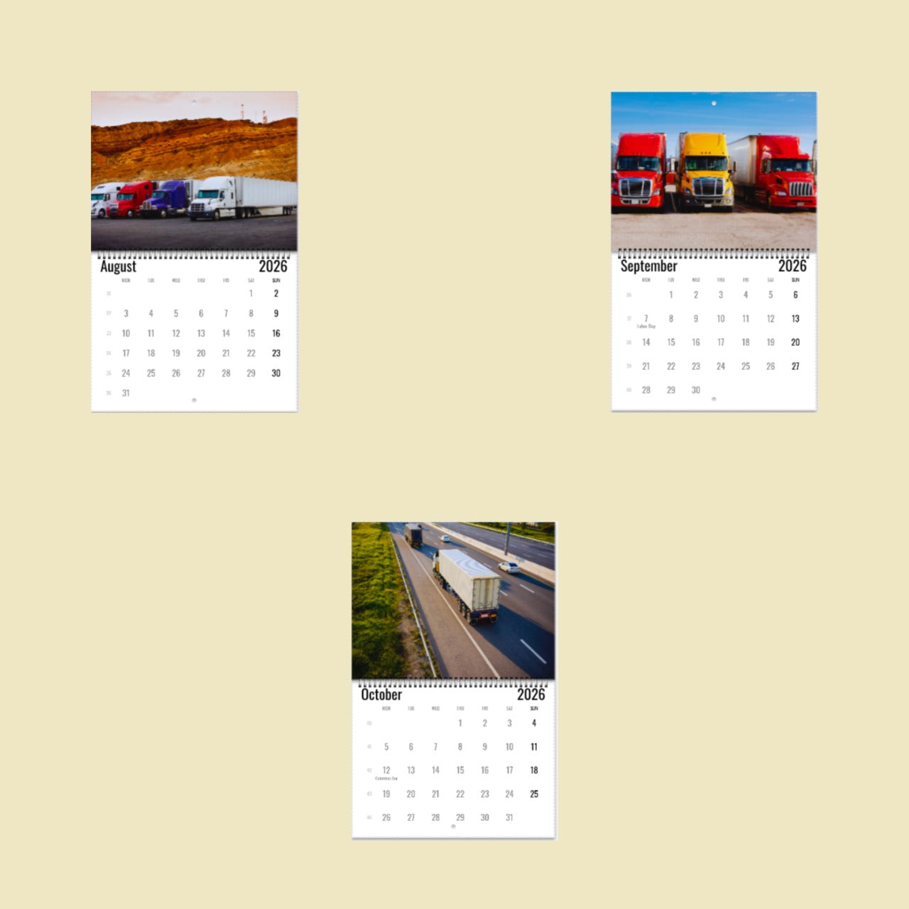 Calendar with images of trucks on a beige background