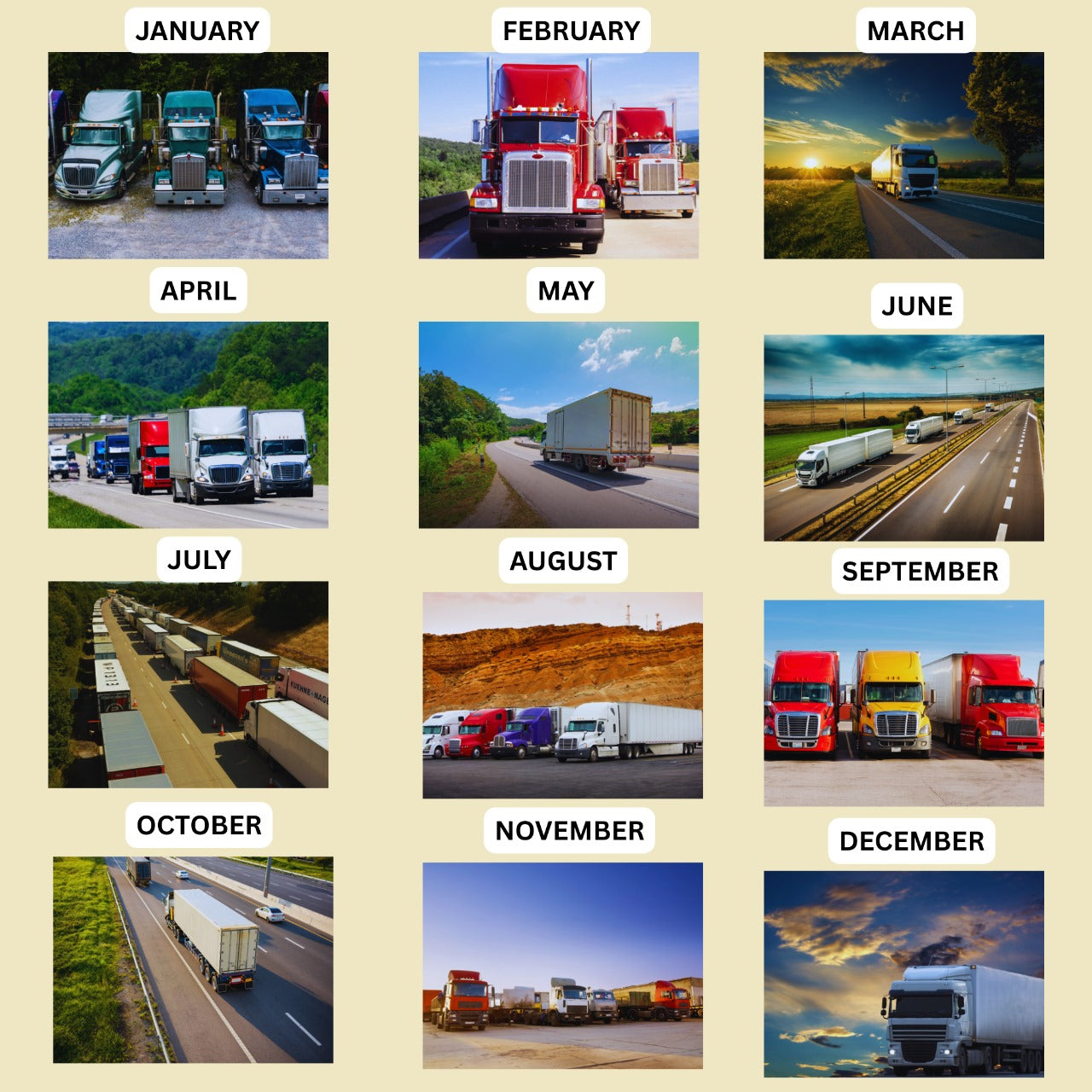 Trucks in various scenes for each month of the year on a beige background