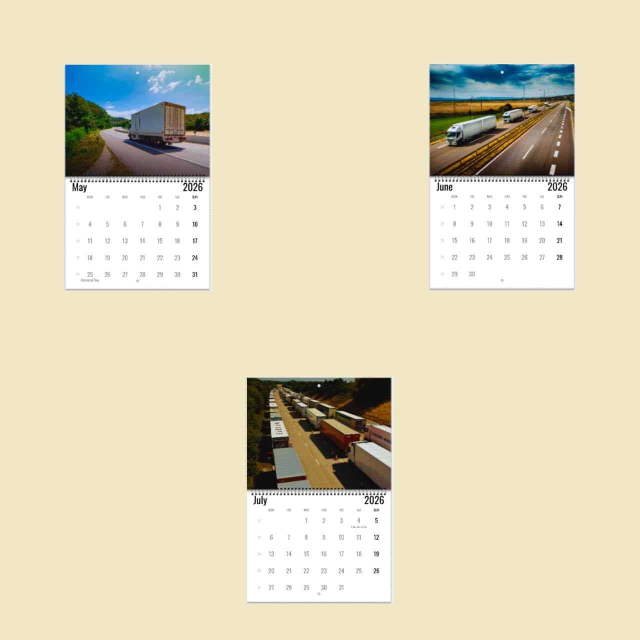 Three calendar pages showing images of highways and trucks on a beige background