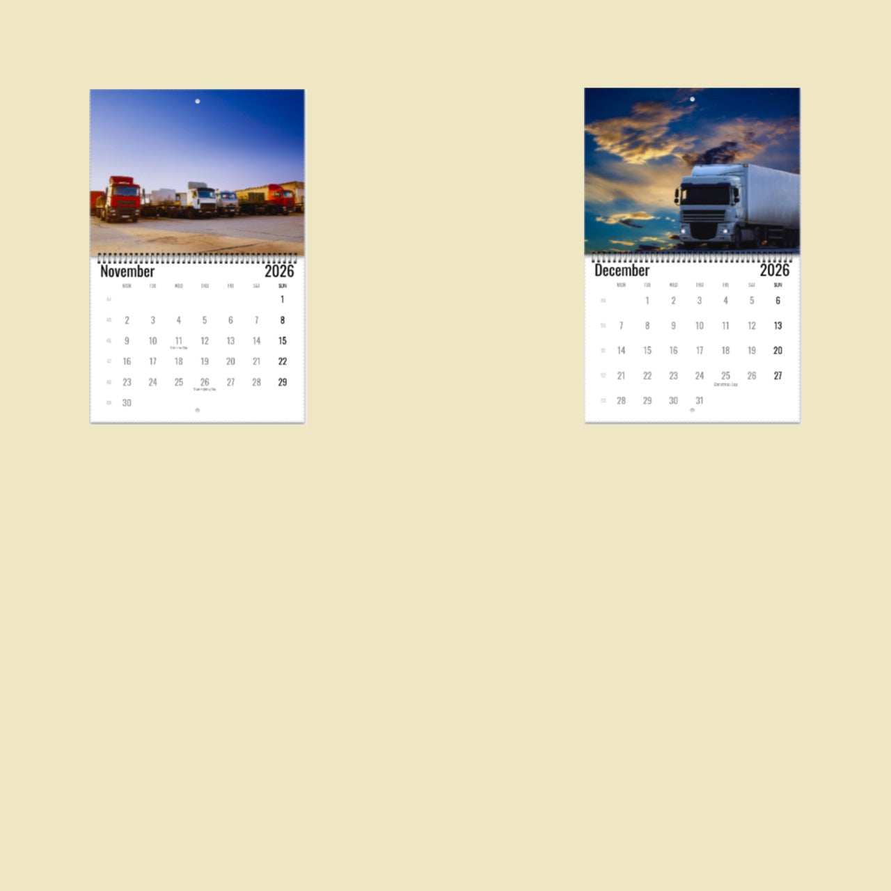 Two calendar pages showing trucks on a beige background